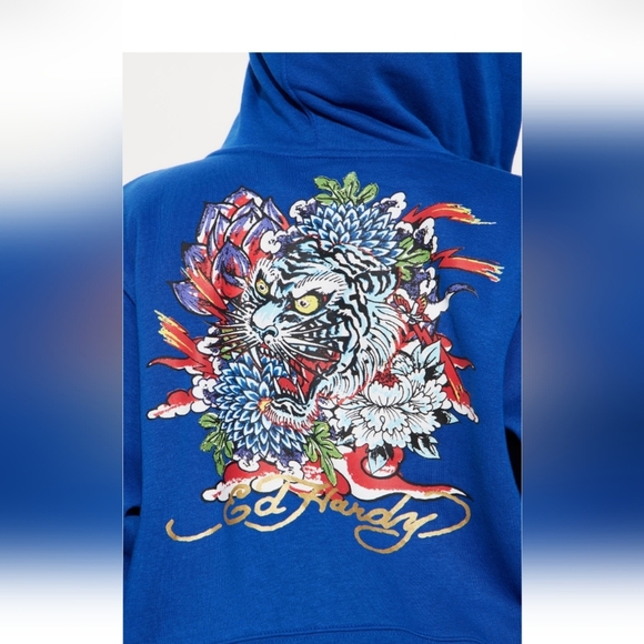 Ed Hardy Tiger Lotus Ed Hardy Zip Front Hoodie - Cobalt Blue Size 1X (NWOT) - Picture 6 of 13